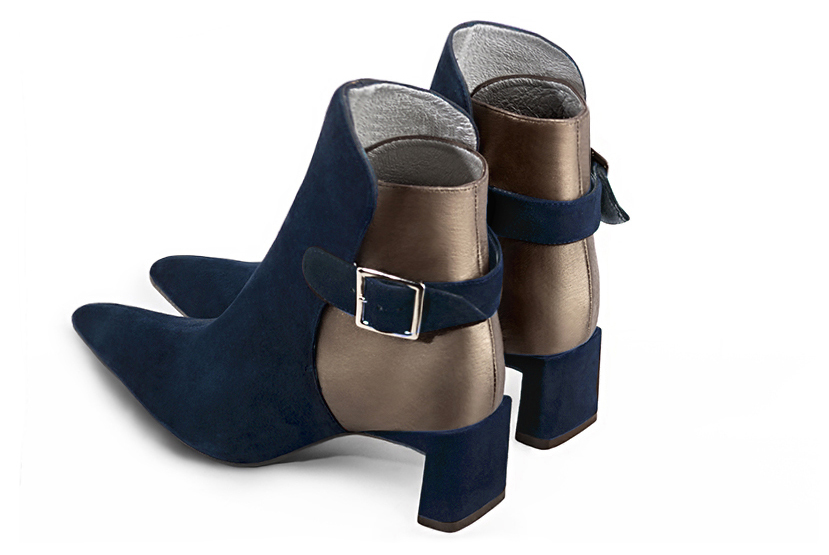 Navy blue and bronze gold women's ankle boots with buckles at the back. Tapered toe. Medium flare heels. Rear view - Florence KOOIJMAN